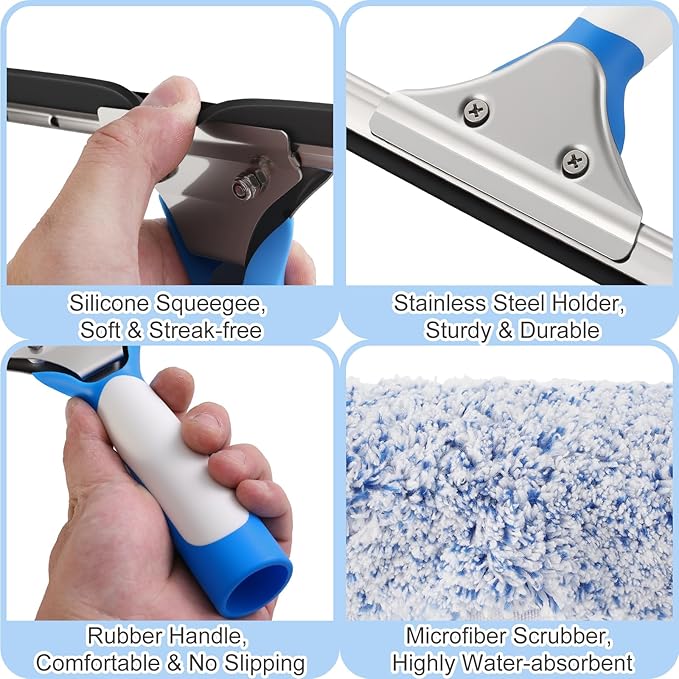 6.5 Feet Window Cleaning Kit with Extension Poles, Window Cleaner Tool with 14’’ Silicone Squeegee, 14’’ Microfiber Scrubber & Cloth, Window Washing Equipment for Indoor/Outdoor Windows