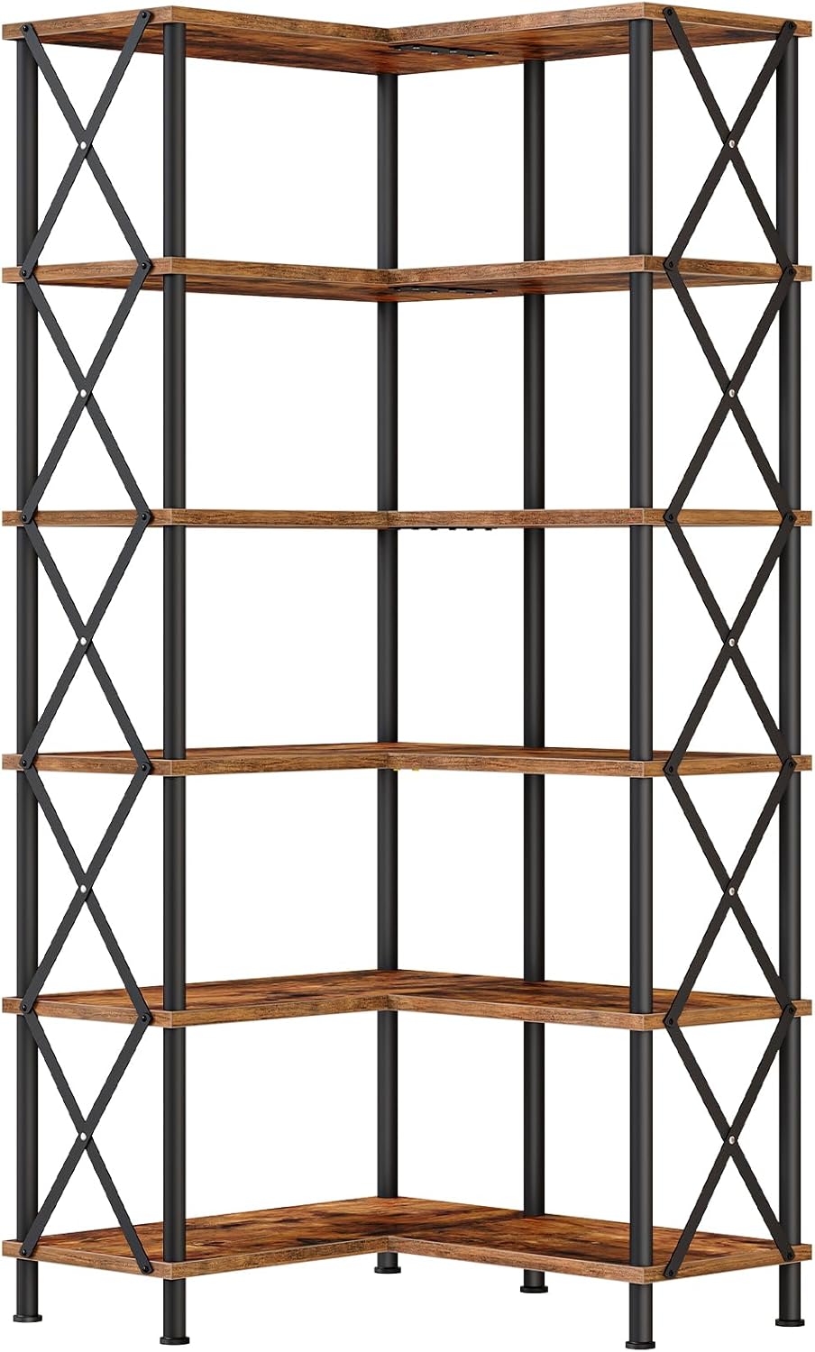 HOOBRO Corner Bookshelf, 6-Tier L-Shaped Bookcase, Industrial Open Display Shelf Tall Storage Organizer, Vertical Storage Rack, for Living Room, Home Office, Rustic Brown and Black BF61SJ01