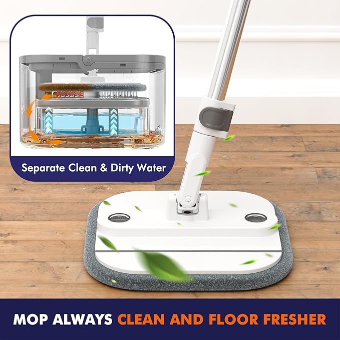 Upgraded Self-Standing Spin Mop and Bucket System, Detachable Inner Mop Bucket Separates Dirty Water & 90° Foldable Head, Triple-Scrub System, 0.9Gal Dual Drainage, for Hardwood Floors (White 6 Pads)
