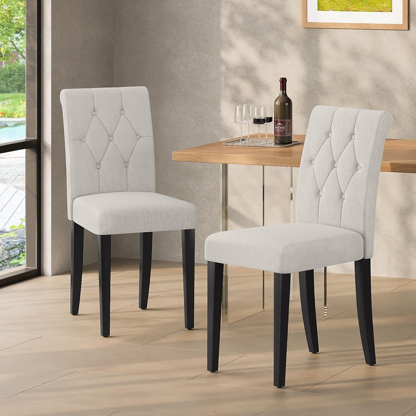 Upholstered Dining Chairs Set of 6, Button Tufted Parsons Dining Chair with Solid Wood Legs, Modern Fabric Side Chair for Dining Room/Kitchen/Restaurant/Hotel- White