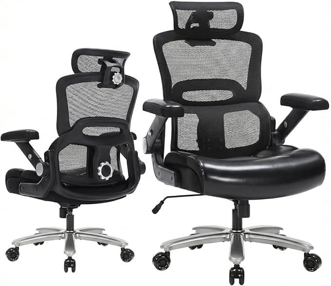 Big and Tall Ergonomic Office Chair 500lbs,High-Back Mesh & PU Leather Chair with 3D Headrest,3D Armrests, Adjustable Lumbar Support,Wide Seat Heavy Duty Executive Cpmputer Chair,Black