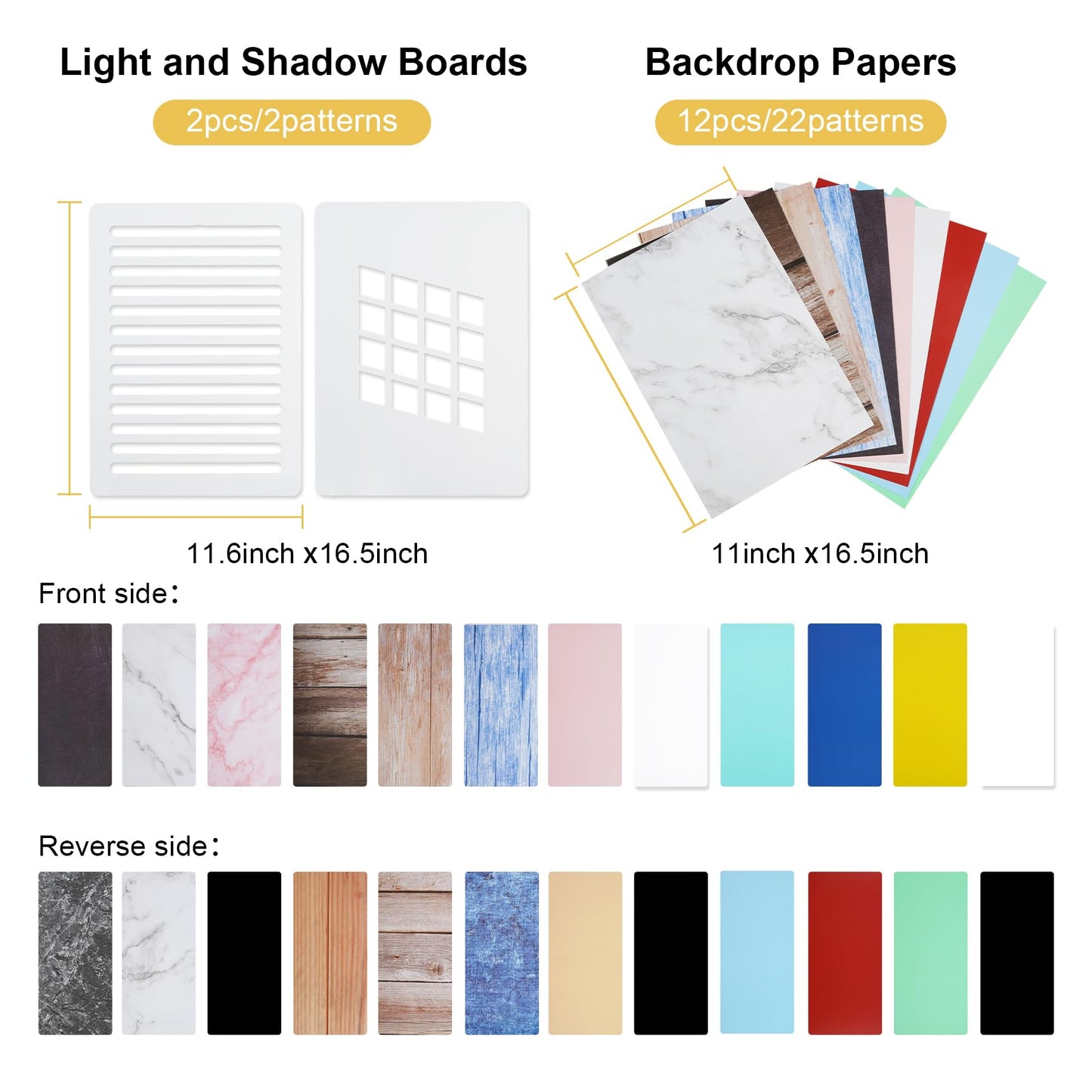 Meking 12Pcs 22Patterns Small Product Photography Backdrops Kit Photo Background Food Photography Backdrop Board with Carrying Bag and Drawstring Bag(16.5X11inch)