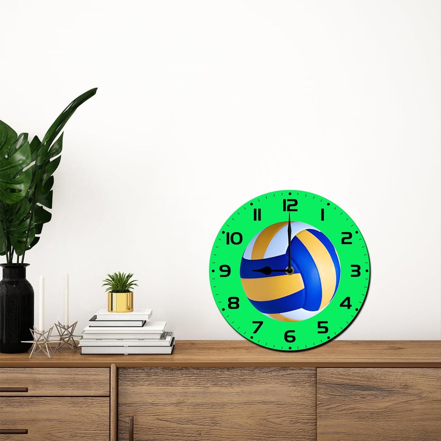 Soliyoahee Volleyball Clock Round Wooden Wall Clock Home Decor Silent No Tick Battery Powered for Living Room Bedroom Kitchen Bathroom 10inch