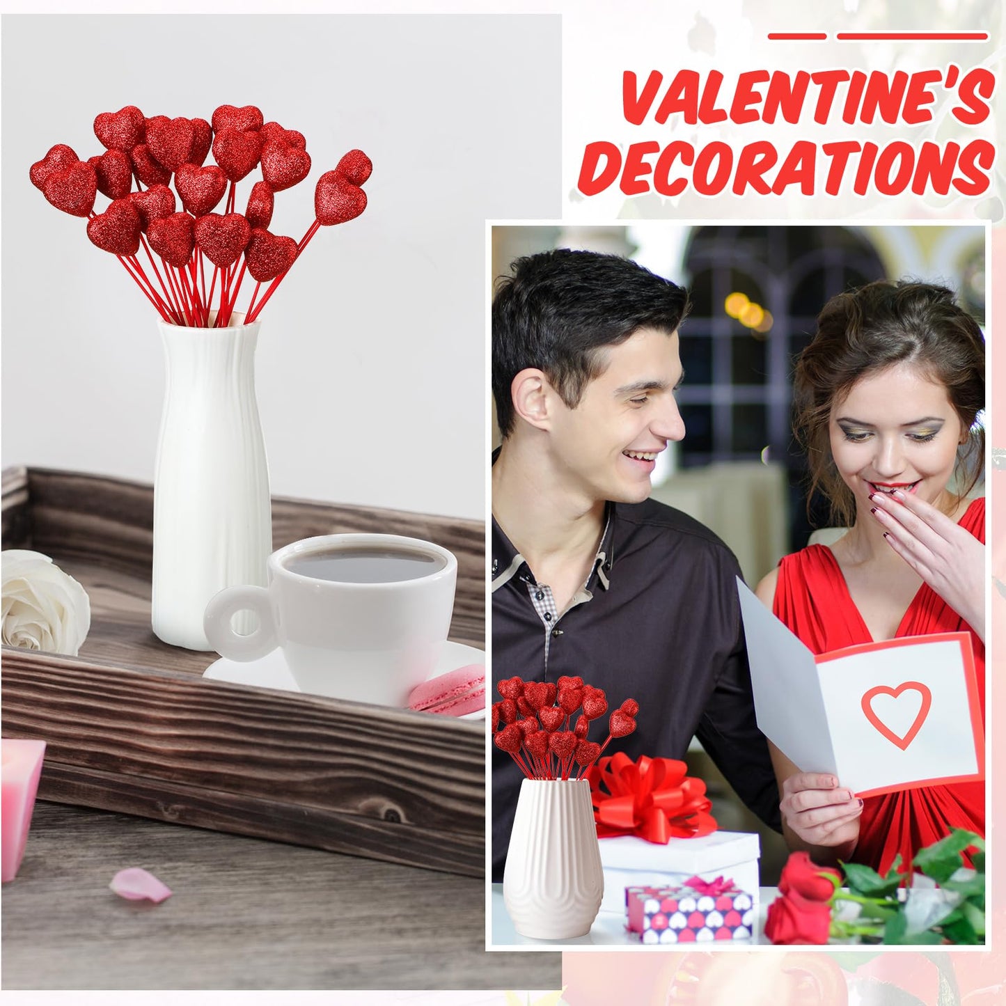 ZCYSRLQIN 24 Pcs Glitter Foam Hearts Sticks Foam Heart Picks Sparkly Hearts Stems Puffy Heart Wooden Picks for Wedding Decorations Flower Arrangements Crafts (Red)