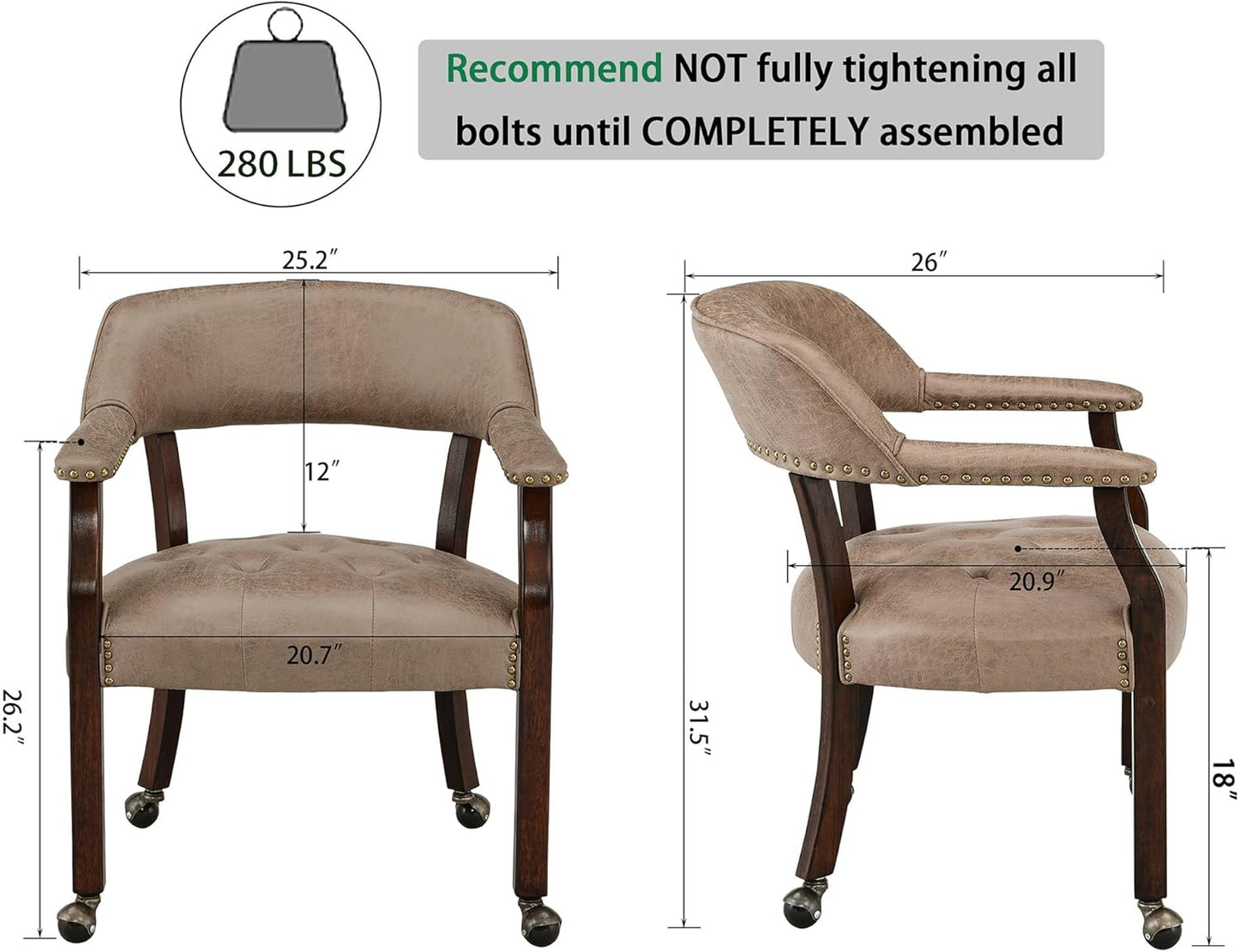 LEEMTORIG Large Dining Chairs with Casters and Arms, Rolling Dining Chairs with Wheels, Accent Wood Boss Caption's Chairs, 26" D x 25.2" W x 31.5" H, Espresso Legs & Yellowish Brown Fabric SY-318-LT