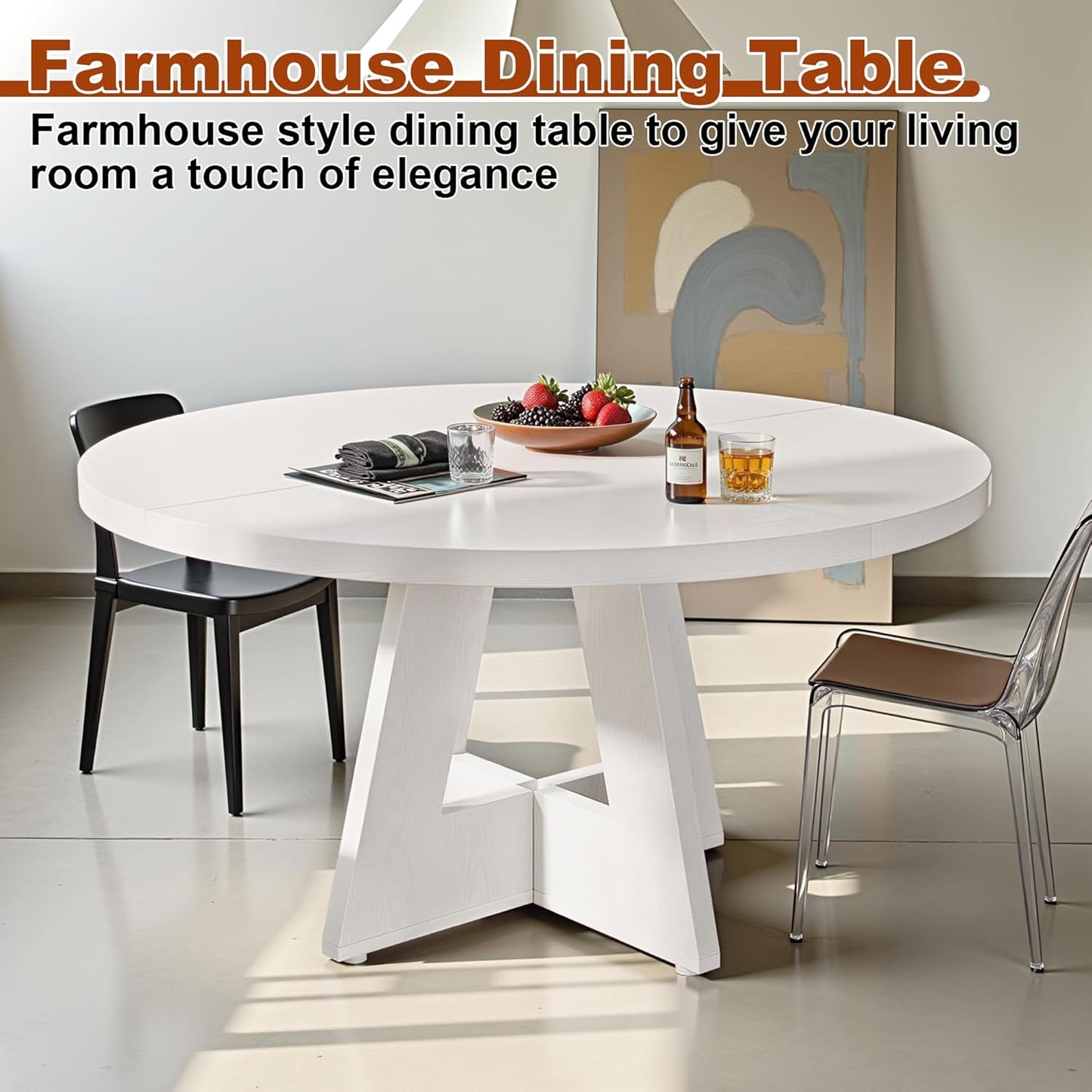 Round Dining Table for 4, 47 Inch Dinner Table Farmhouse Wooden Circle Kitchen Tables with Cross Base for Dining Room, Kitchen, Living Room, White