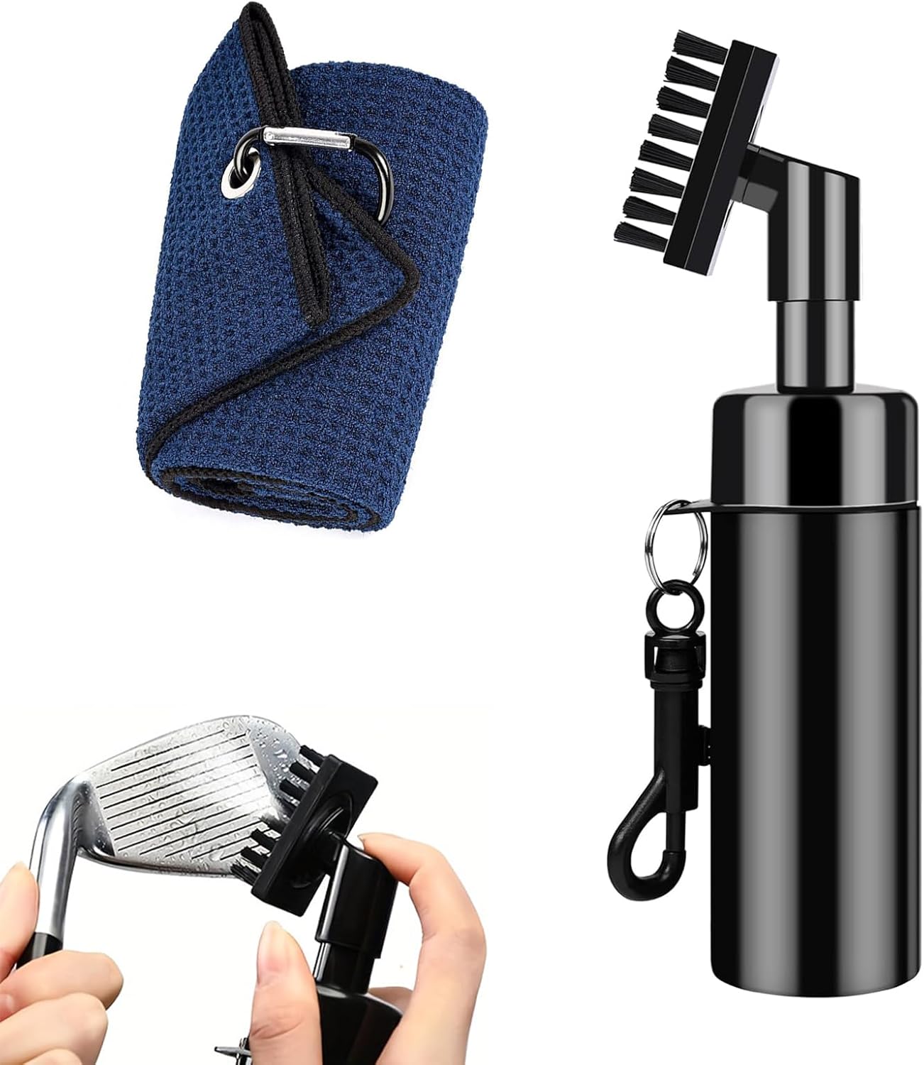 Pro Golf Club Cleaner,Includes Water Golf Club Brush Golf Towel Golf Accessories,Heavy Duty Retractable Clip- Squeeze Bottle for Easy Cleaning with Nylon Bristles- Holds 4 Oz Water(Black)