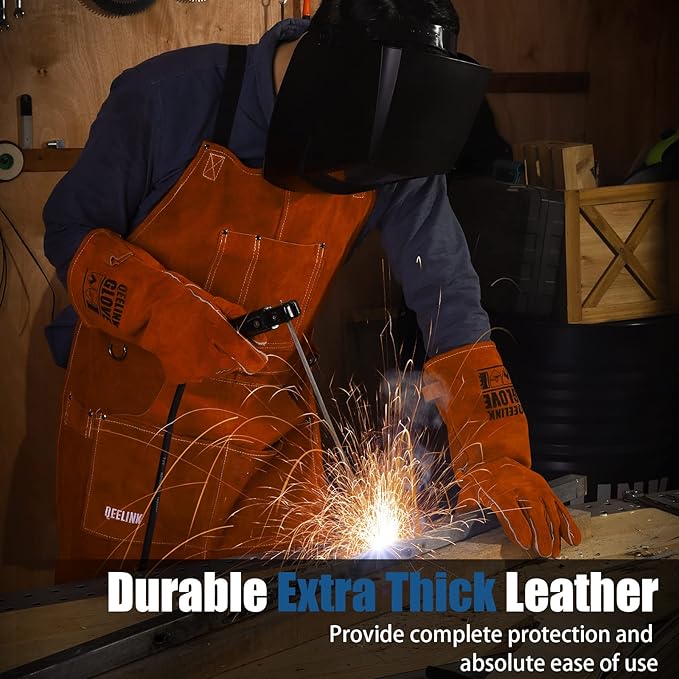 QeeLink Leather Welding Work Apron with 6 Tool Pockets, Heat & Flame Resistant Welder Aprons, 24" x 36", Adjustable M to XXXL