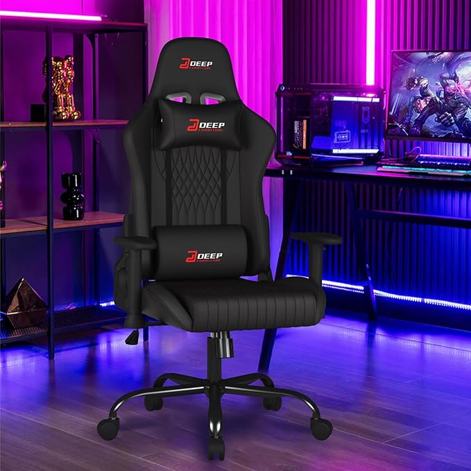 Video Game Chair Ergonomic Comfortable Gaming Office Chair Height-Adjustable with a 360° Swivel Base and Headrest(1002-Black)