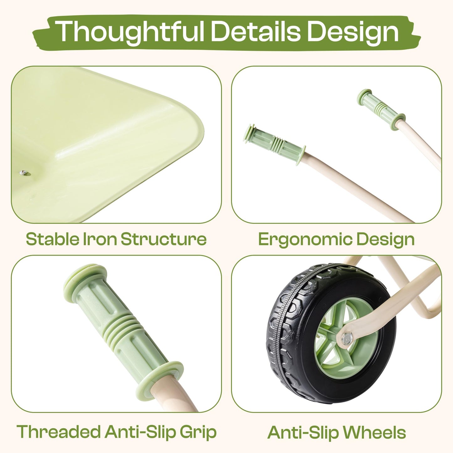 ROBUD Kids Wheelbarrow Set, Green Metal Toddler Wheelbarrow with Shovel, Hoe, Broom & Gloves, Kid Gardening Set for Kid to be Closer to Nature, WRP43