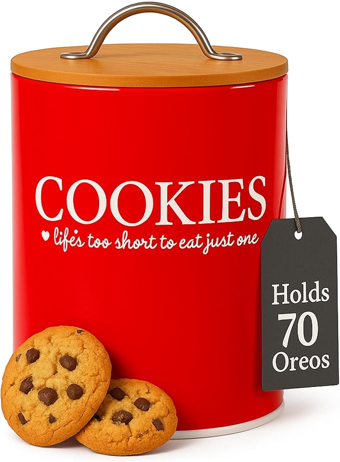 D'Lifeful Cookie Jar with Airtight Bamboo Lid – 0.6 Gallon Cute and Decorative Cookie Storage for Kitchen Countertop – Farmhouse Storage Tin for Freshness – Great Gift Idea - Red