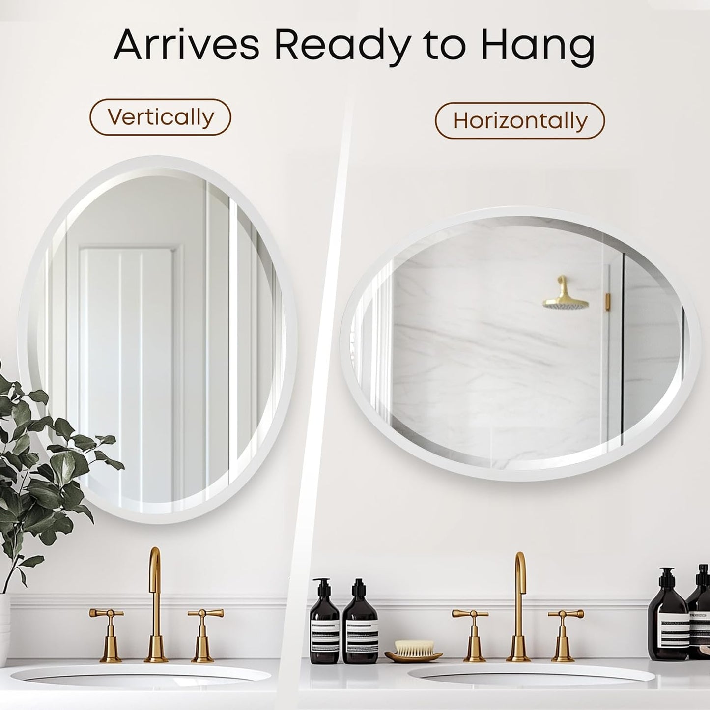 OVALCREST - Oval Wooden Beveled Wall Mirror for Home Decor, Bathroom, Vanity, Bedroom, Living Room, Hallway - London Style (Linen White) 25.1 x 37.1