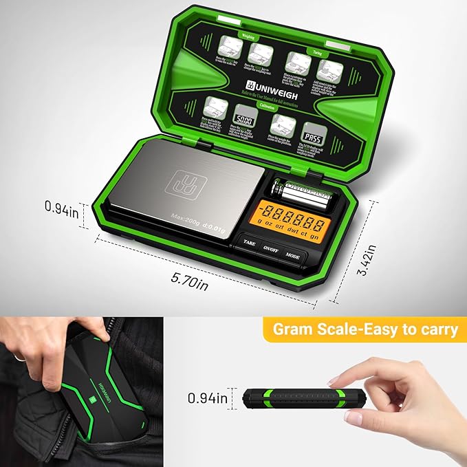 Digital Pocket Scale 200g/0.01g, Digital Scale Grams, Jewelry Scale,Coins Scale with 50g Cal Weights for Powder,Small Items,Tea,Jewelry,Coins (Battery Included)-Fluorescent Green