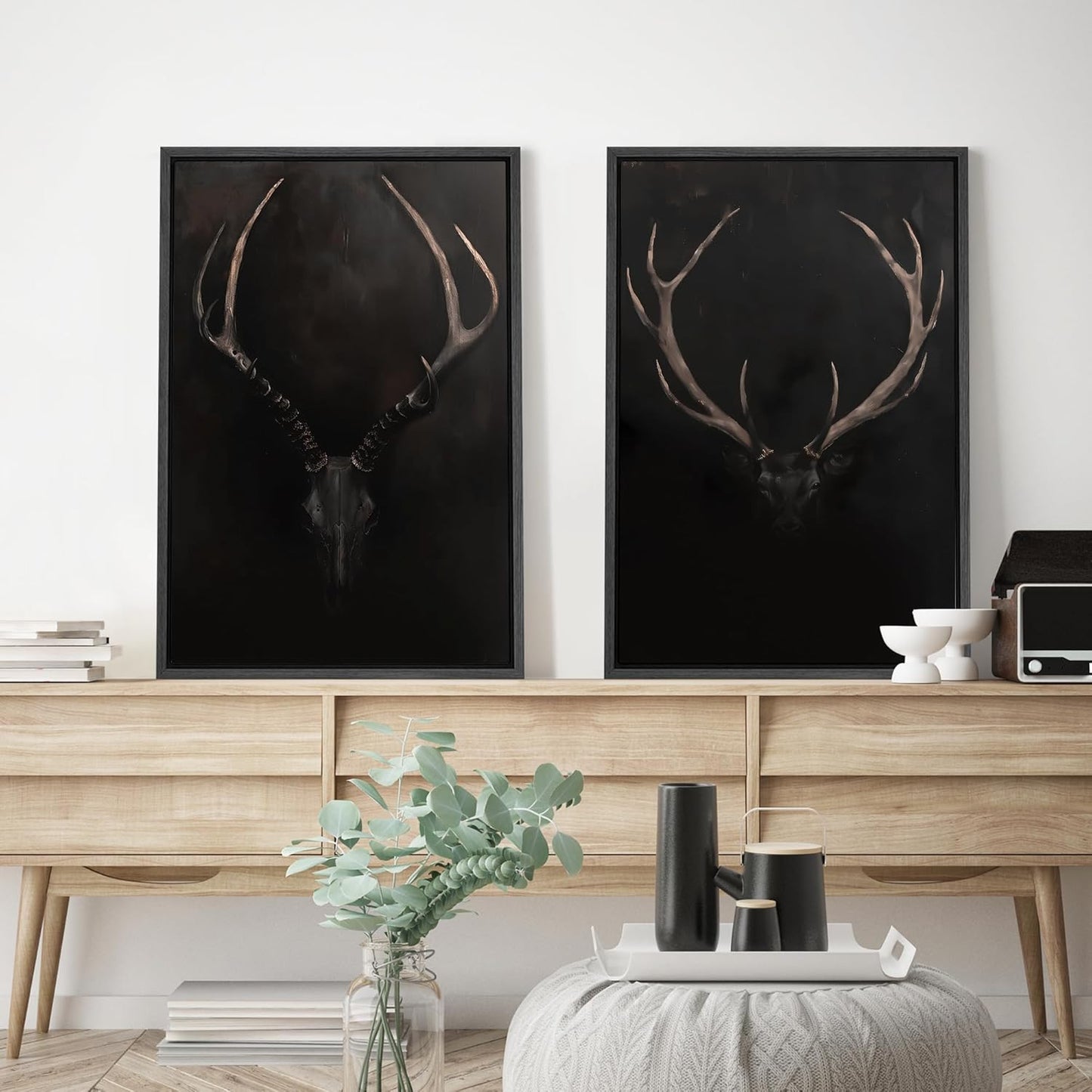 SIGNWIN Framed Canvas Print Wall Art Rustic Antler Skull Dark Dramatic Black Vintage-Inspired Deer and Elk Antlers Illustrations Decorative for Living Room, Bedroom, Office - 24"x36"x2 Black