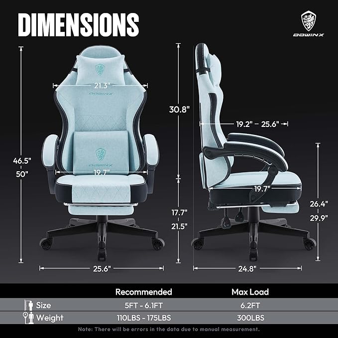 Dowinx Gaming Chair Fabric with Pocket Spring Cushion, High Back Ergonomic Computer Chair with Footrest for Adults, Massage Lumbar Support Swivel Game Chair for Office Gaming 300LBS, Aqua