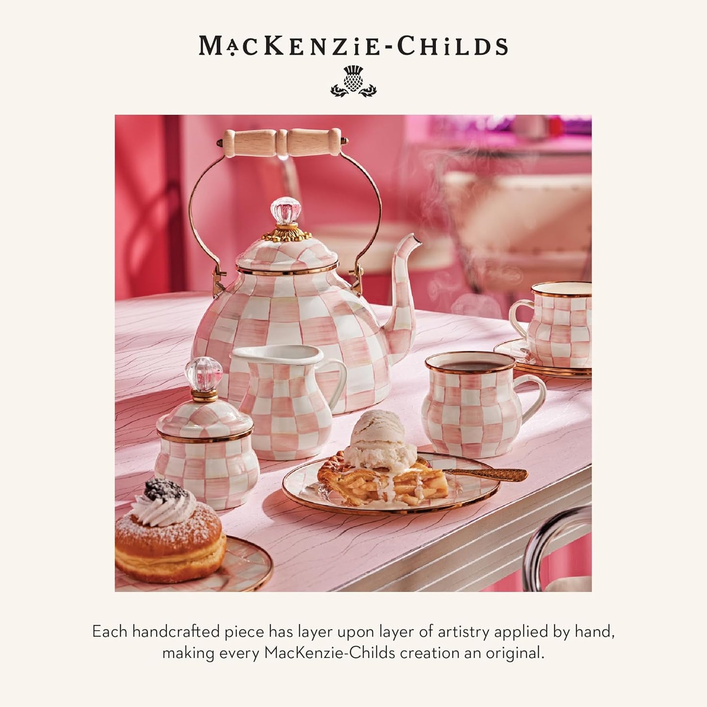 MACKENZIE-CHILDS Enamel Pedestal Platter, Round Cake Stand, Small, Pink-and-White Rosy Check