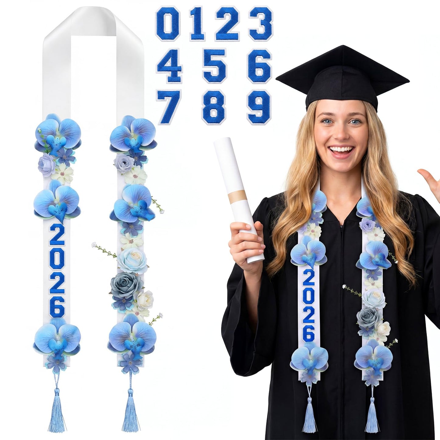 CrystalSylara Graduation Leis Class of 2026 Artificial Flower Sash with 20 Sheets Number Iron on Patches DIY Grad Floral Lei Necklace for High School College Senior Grad Gifts Party Supplies(Blue)