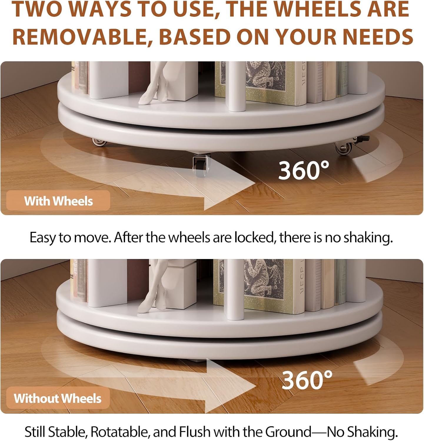 Solid Wood Rotating Bookshelf on Wheels, 5 Tier, Round Revolving Bookcase, 360° Spinning Book Shelf Tower for Kids, Narrow Rolling Bookshelves for Small Space, Corner, Bedroom, Office, White