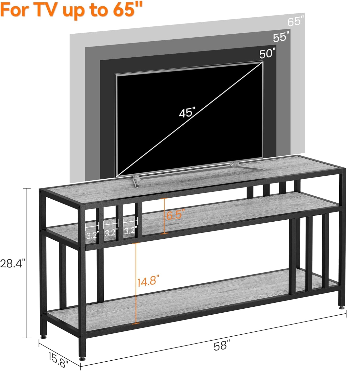Garvee 58" TV Stand for Television up to 65 Inch, Entertainment Center with 3-Tier Open Shelves, TV Media Console Table Quadruple-Tube Support for Living Room, Entryway, Grey