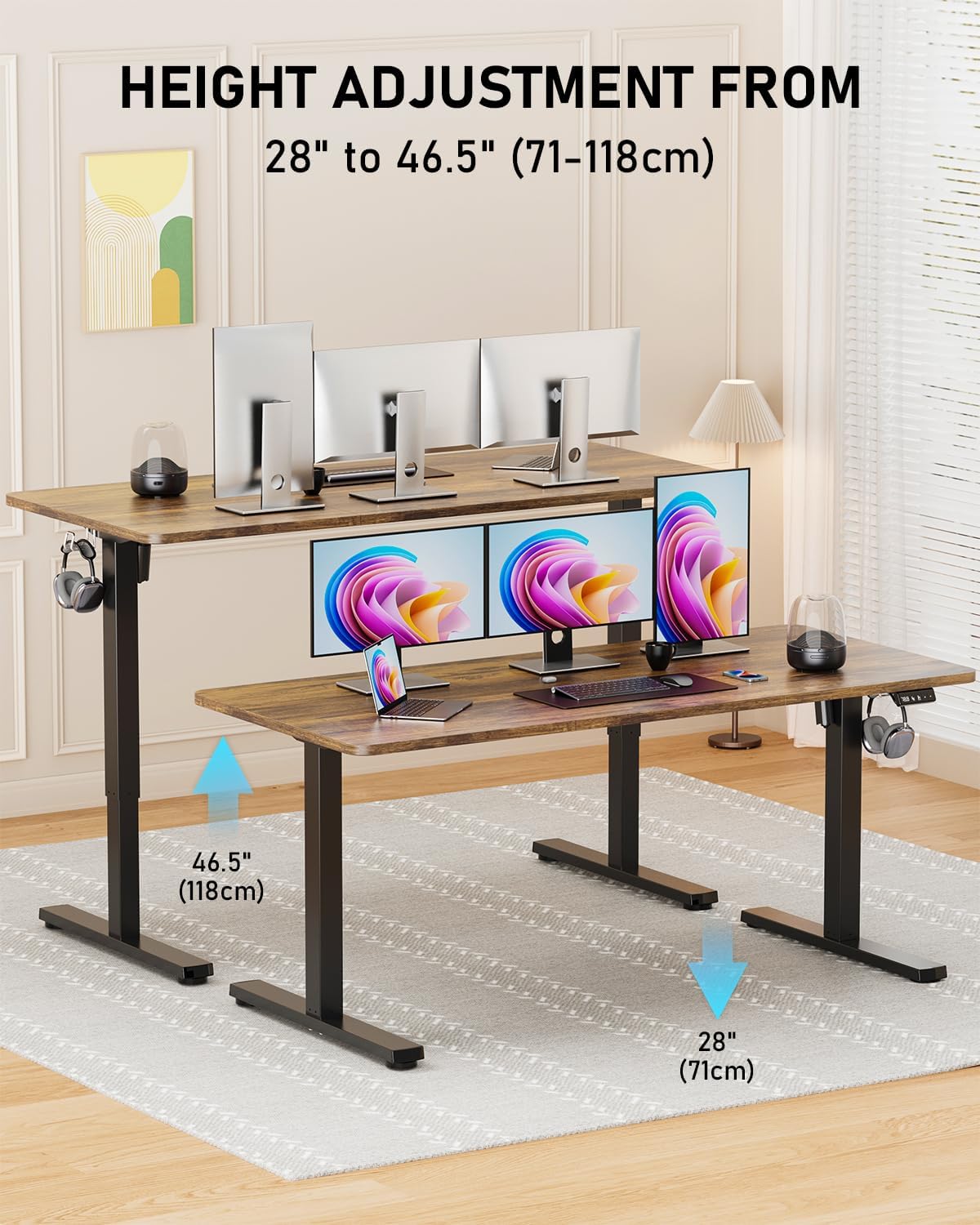 Standing Desk, Large Height Adjustable Electric Stand up Desk, 55 x 24 Inches Sit Stand Home Office Desk, with Splice Board, Black Frame/Rustic Brown Top