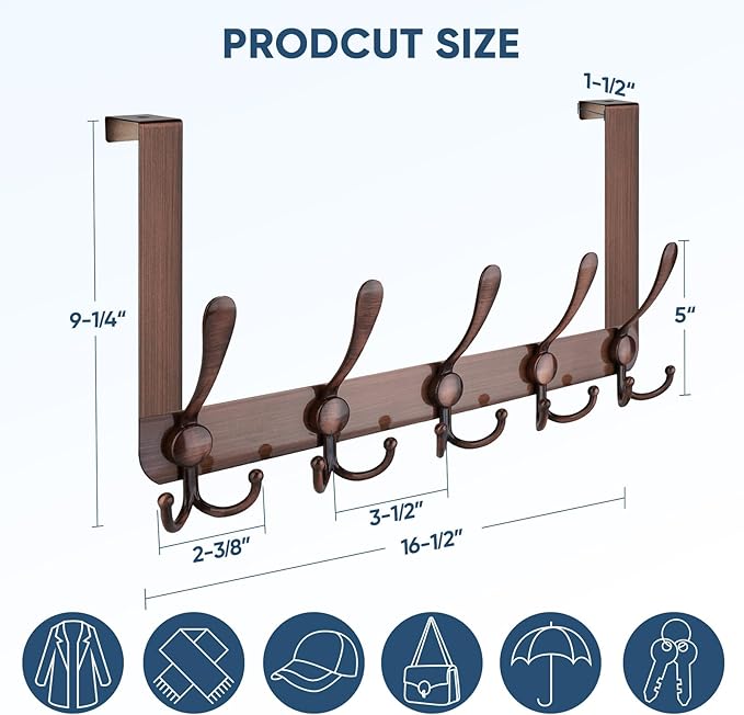 TICONN Over The Door Hooks, 5 Heavy Duty Tri Coat Rack All Metal Coat Hanger for Bathroom Bedroom Dorm (Antique Bronze, 1PK, Fit 1-3/8" Doors)
