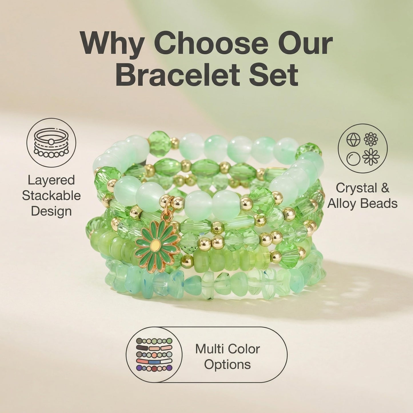 LOTSOF Boho Flower Beaded Bracelet Set for Women - Multilayer Crystal & Flower Charm Stackable Bracelets, Fashion Jewelry Gift for Her (Green)