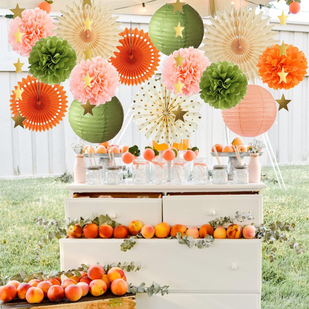 Olive Green and Orange Party Decorations Olive Birthday Party Decorations Peach and Orange Poms Lanterns Beige Fans Decor for Green and Peach Baby Shower Bridal Shower Rustic Wedding Party