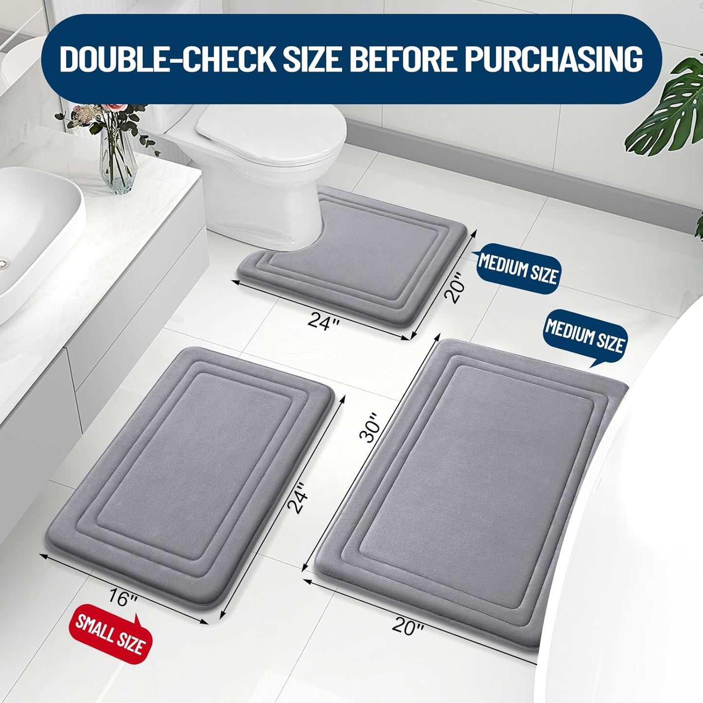 Grandaily Memory Foam Bath Mat Rug 30x20, Ultra Soft, Non-Slip and Absorbent Bathroom Rugs, Machine Wash Dry, Comfortable Bath Carpet for Bathroom Floor, Tub and Shower, Medium Grey