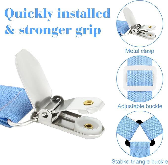 Morcheiong 2 Pack Bed Sheet Fasteners Straps Adjustable Bed Sheet Holder Bands with Sheet Clips for Bedding Stays Bedsheet Tie Downs -Blue
