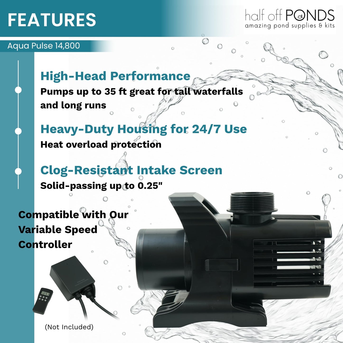 HALF OFF PONDS Submersible Water Pump, 14,800 GPH Pond Pump with 33FT Power Cord and 35.5FT Max Head, 1,100W Ultra Quiet Energy Efficient Pump for Koi Pond, Fountain, Waterfall, Water Garden, Skimmer