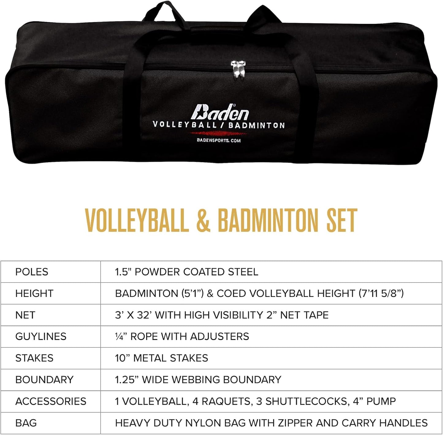 Baden Champions Volleyball/Badminton Portable Combo Set, 4 Raquets + 3 Birdies + Boundary + Volleyball + Pump + Carry Bag
