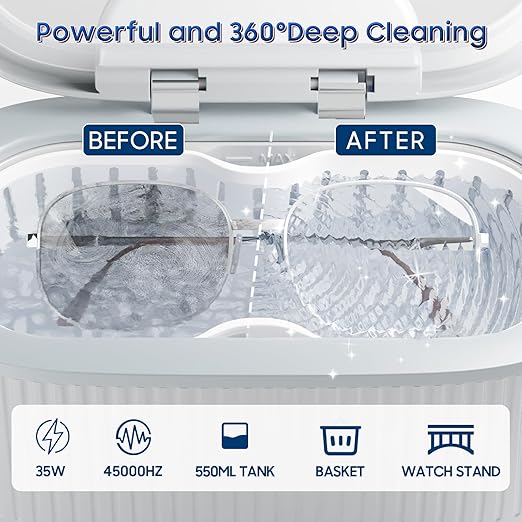 Ultrasonic Cleaner Set with Basket and Holder-45KHz 20oz w/Light & Degas, 200ML Jewelry and Retainer Cleaner Solution for All Jewelry, Rings, Eyeglasses (Gray, Ultrasonic Cleaner+Cleaning Solution)