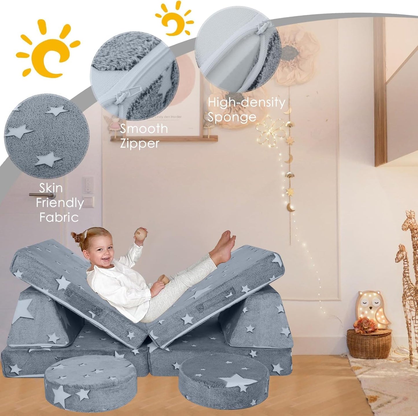 MeMoreCool 8-Piece Kids Modular Play Couch — Glow-in-The-Dark Star Foam Sofa Set for Toddlers, Convertible Fort Building & Climbing Furniture with Washable Covers, Playroom & Indoor Activity Set