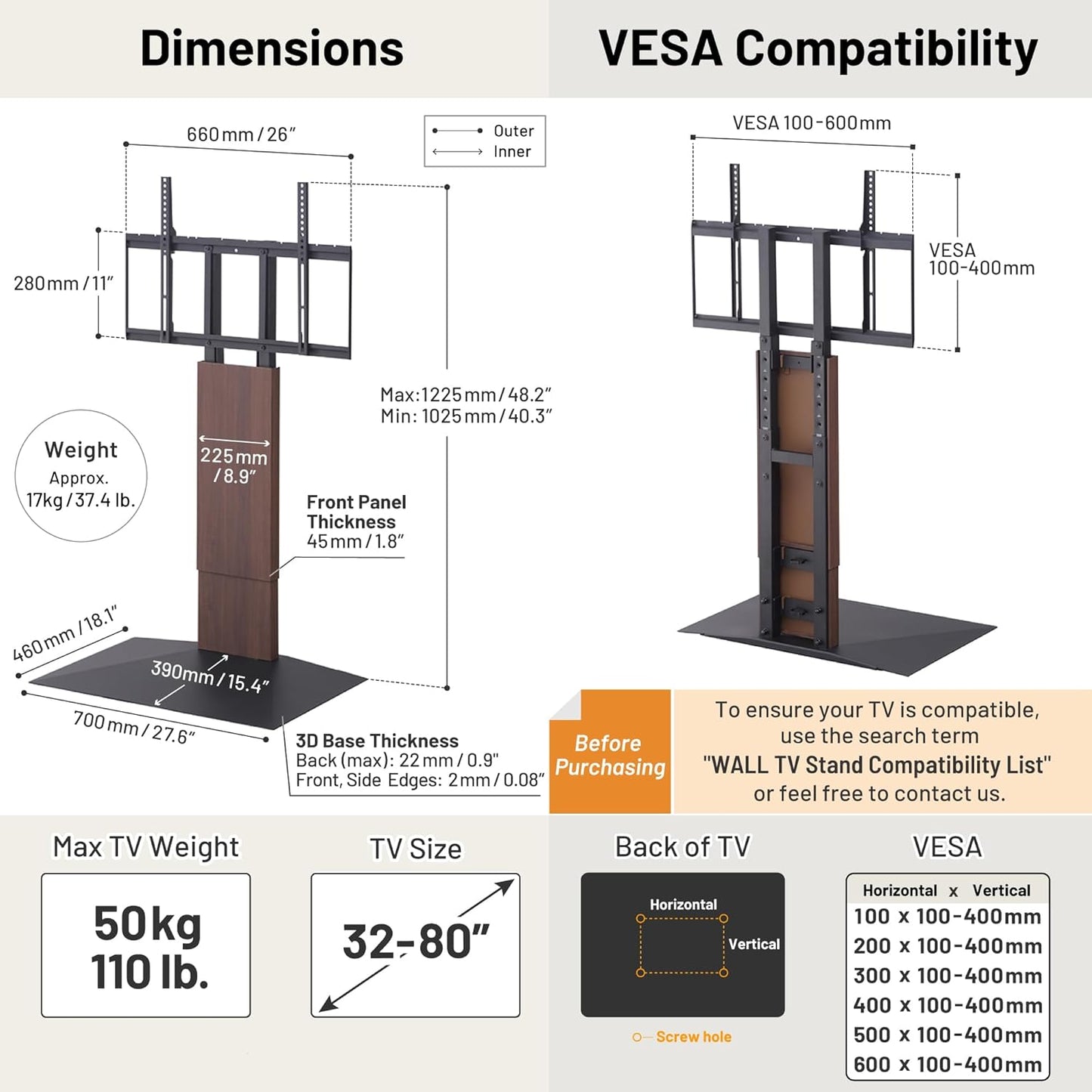 WALL V3 Low Type | Sleek 32-80 Inch Universal Ultra thin TV Stand | Walnut | for Living Room and Bedroom, Space Saving, Adjustable Mount, No Drill, Japanese Design & Engineering