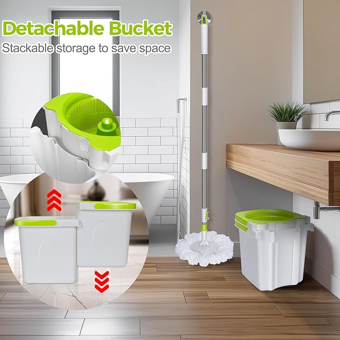 Spin Mop and Bucket,Masthome Mop and Bucket Set with Wringer.4L Detachable Bucket Small,Separate Clean and Dirty Water,Adjustable 50" Handle,3 Microfiber Pads for Wet/Dry Hardwood Tile Floor Cleaning