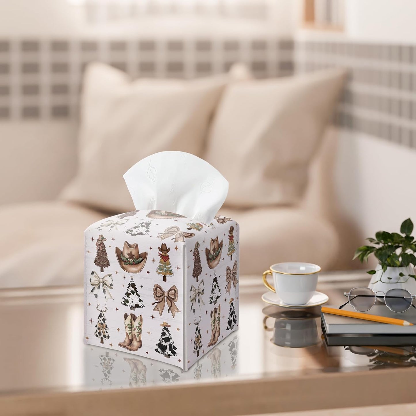 Country Christmas Tissue Box Holder, Cowgirl Boots Hat Christmas Trees Leather Tissue Box Cover Square, Paper Facial Decorative Tissues Cover for Bathroom Kitchen Office Home Decor-B33