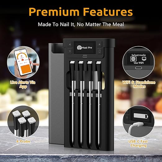 Meat Thermometer Digital Wireless, Long-Range BBQ Thermometer with 4 Probes, Dual Sensors for Perfect Grilling & Smoking - Black