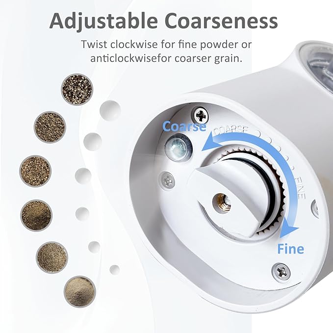 Electric Salt and Pepper Grinder Set Rechargeable, Light Grayish White Automatic Pepper Grinder with Adjustable Coarseness, LED Light, Electric Salt and Pepper Shakers Refillable (2 Packs)