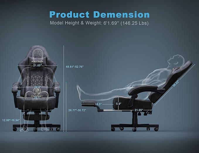 Gaming Chair Breathable Leather with Pocket Spring Cushion,Wide and High Ergonomic Office Chair with Headrest,Computer Gaming Chair with Footrest for Adult and Teen,Grey