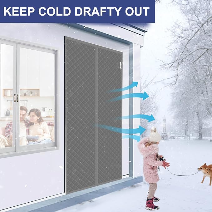 Magnetic Thermal Insulated Door Curtain Fit Door Size 36" x 96", Quilted Oxford Fabric Thicken Cotton Fill, Winter Cover Keep Cold Draft Out, Blanket Insulation for Front Patio Doors Gray