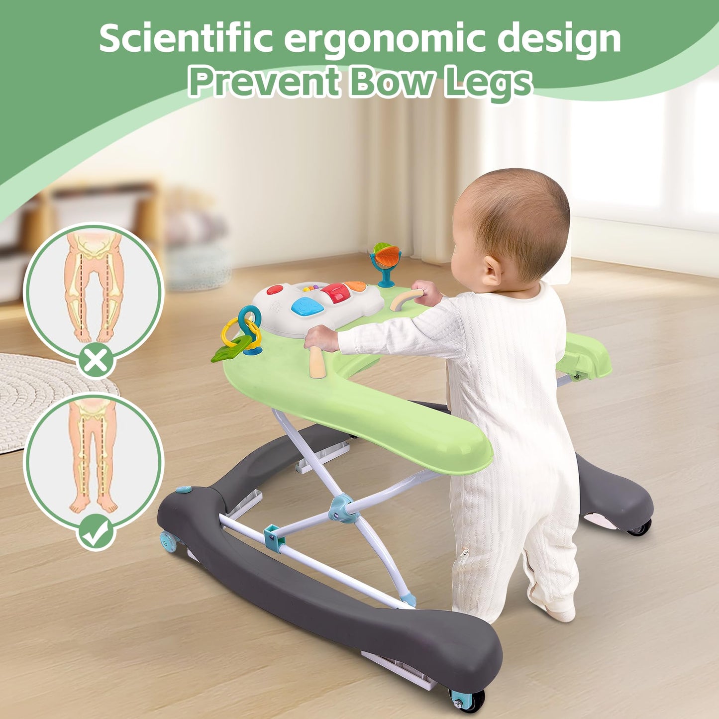 Pawtong Foldable Baby 5-in-1 Activity Walker - Rocker, Activity Center, Bouncer, Seat Walker, Push Walker - Adjustable Speed Rear Wheels and Height Toys Ages 6-18 Months… (Green)