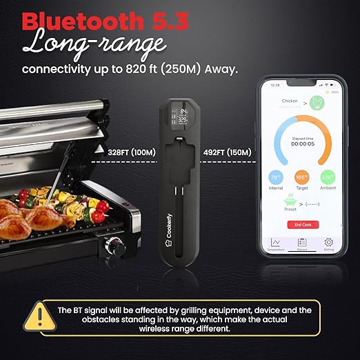Meat Thermometer Digital Wireless –IP67 Waterproof, 48h Battery Life, Grill Thermometers with 820ft Range, Rechargeable Probe, Bluetooth Wireless Meat Thermometer for BBQ, Smoker, Oven