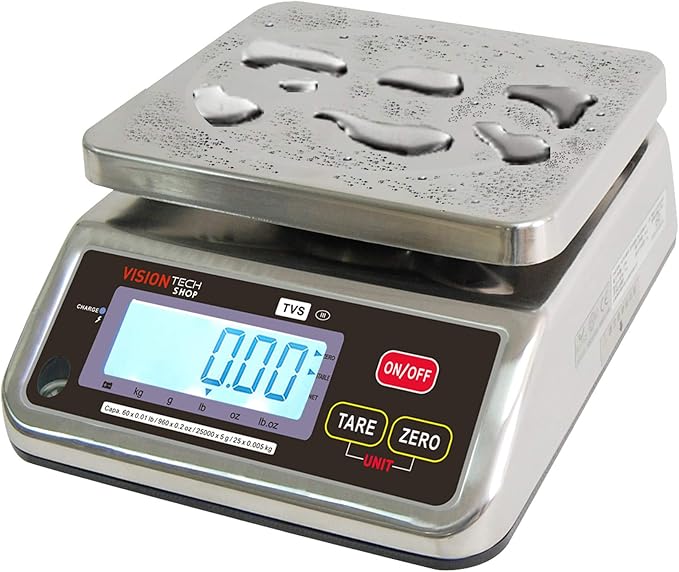 VisionTechShop TVS Portion Control Stainless Steel Washdown Scale, Lb/Oz/Kg/g Switchable, Low Profile Design, 60lb Capacity, 0.01lb Readability, Single Display, NTEP Legal for Trade, NSF Certified
