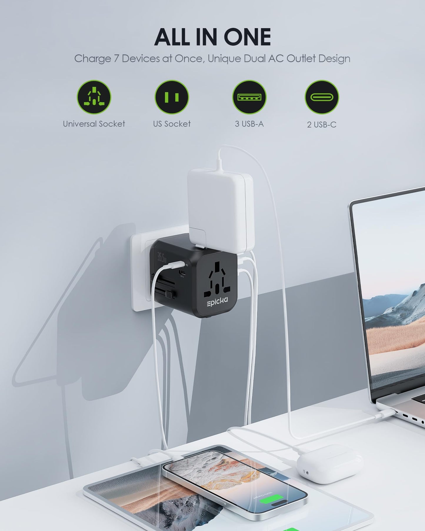 Epicka 35W Universal Travel Adapter With 2 Ac Outlet, European Travel Plug Adapter With Pd Fast Charging, 6-Port (2 Ac/2 Usb-C/3