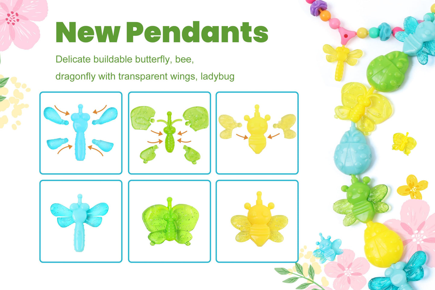 BIRANCO. Deluxe Beading Set with 350+ Pop Beads Include Butterfly, Bee, Dragonfly with Transparent Wings, and Ladybug Jewelry Making Kit for Kids Ages 3-8