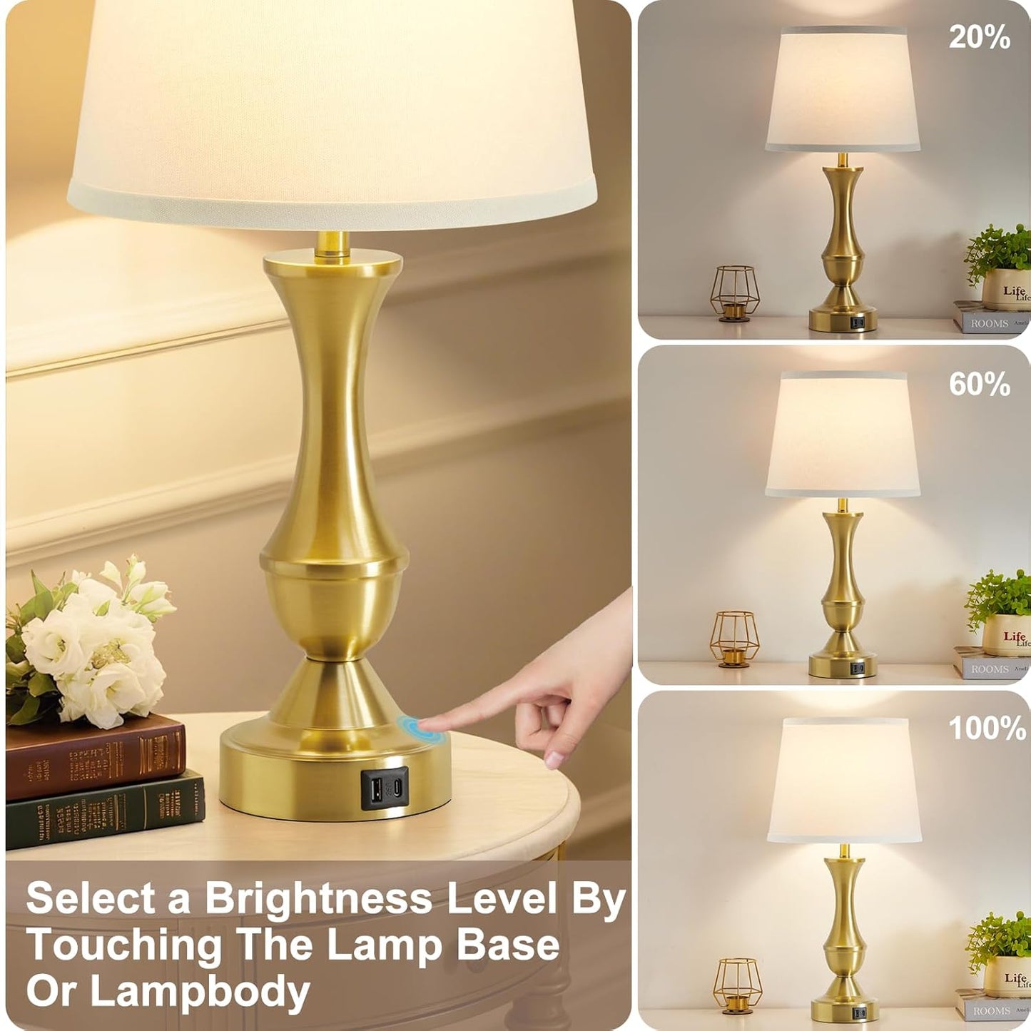 Luvkczc 22" Gold Table Lamps Set of 2 - Modern Luxury Bedside Lamps with White Fabric Shade, 3-Way Dimmable & Dual USB C+A Ports, Nightstand Lamps for Bedroom/Living Room (Bulb Included)