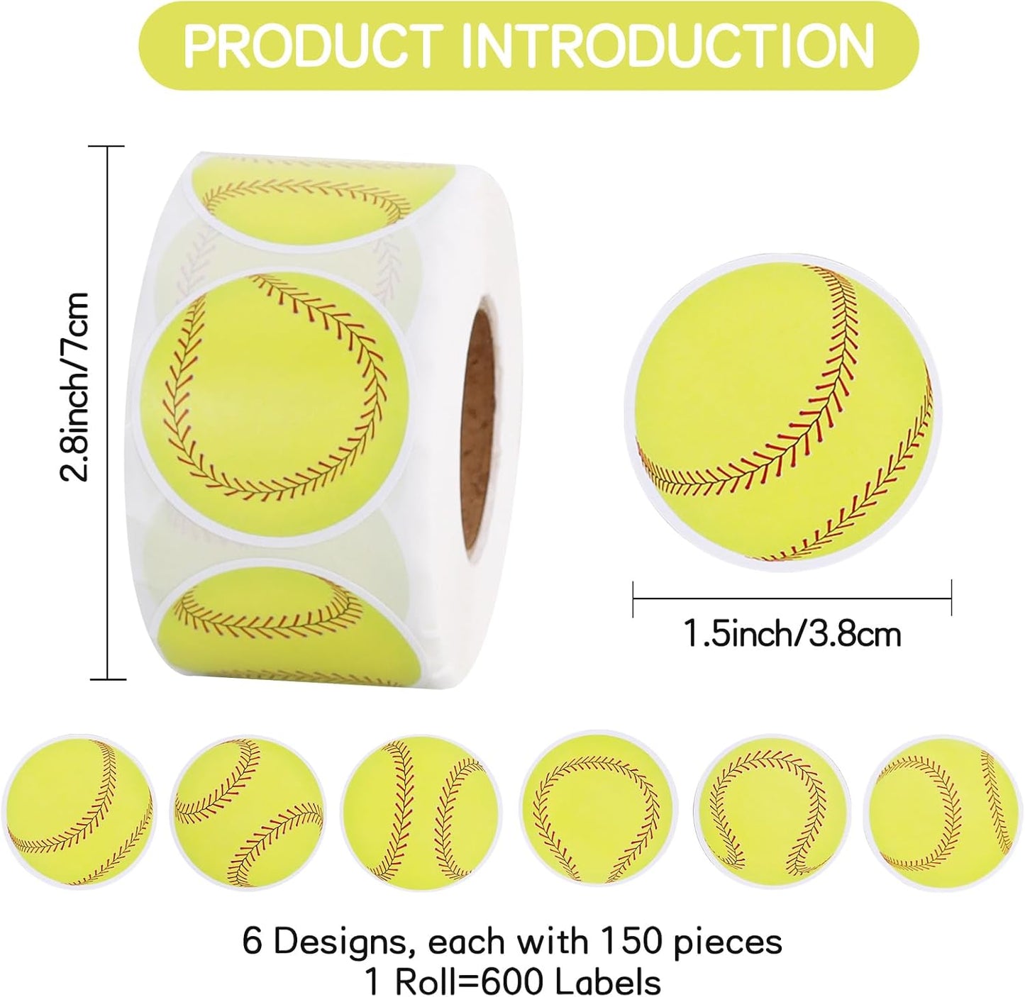 Vuzvuv 600 Pcs Soft Balls Stickers for Gift Bag Envelope Seal,Self-Adhesive Sports Ball Sticker Labels Roll for Home School Baseball Soft Balls Themed Party Decor