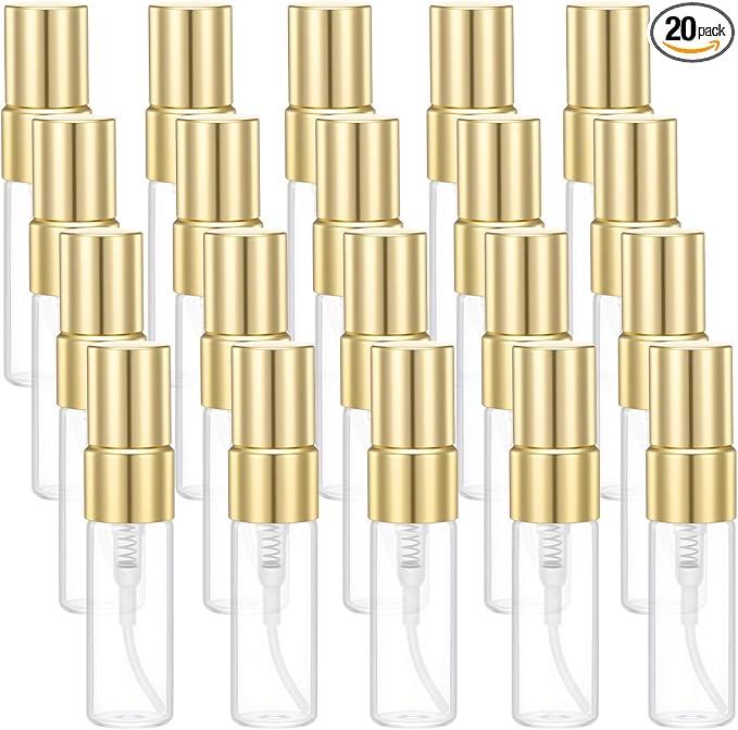 20 Pack Empty 3ml Clear Fine Mist Glass Bottle Gold Mini Sample Bottle Spray Bottles Refillable Mist Travel Sprayer Decant Bottles with Gold Lids for Travel Fragrance Sample DIY Sprays