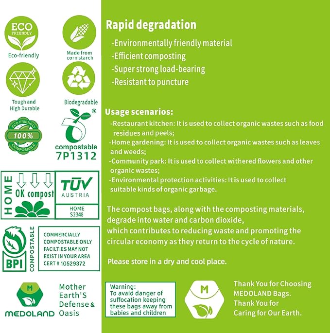 BPI Certified Compostable Trash Bags 4 Gallon (120Count) - 2X Thicker Than Regular, Leakproof for Kitchen/Bathroom Waste, 90-Day Breakdownin Home/Industrial Use, 0.79mils Plant-Based