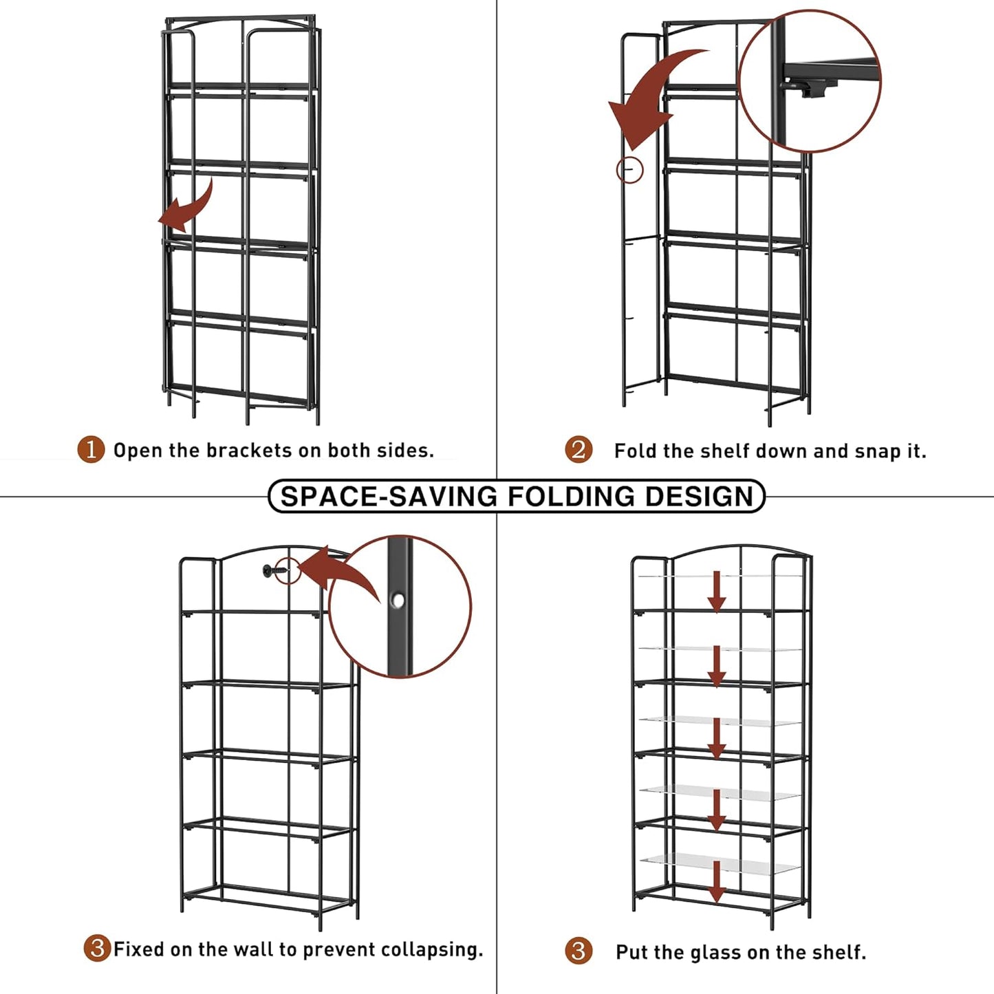 Crofy No Assembly Folding Bookshelf for Living Room, 5 Tier Black Collapsible Book Shelf for Home Office, Portable Bookcase Storage Organizer